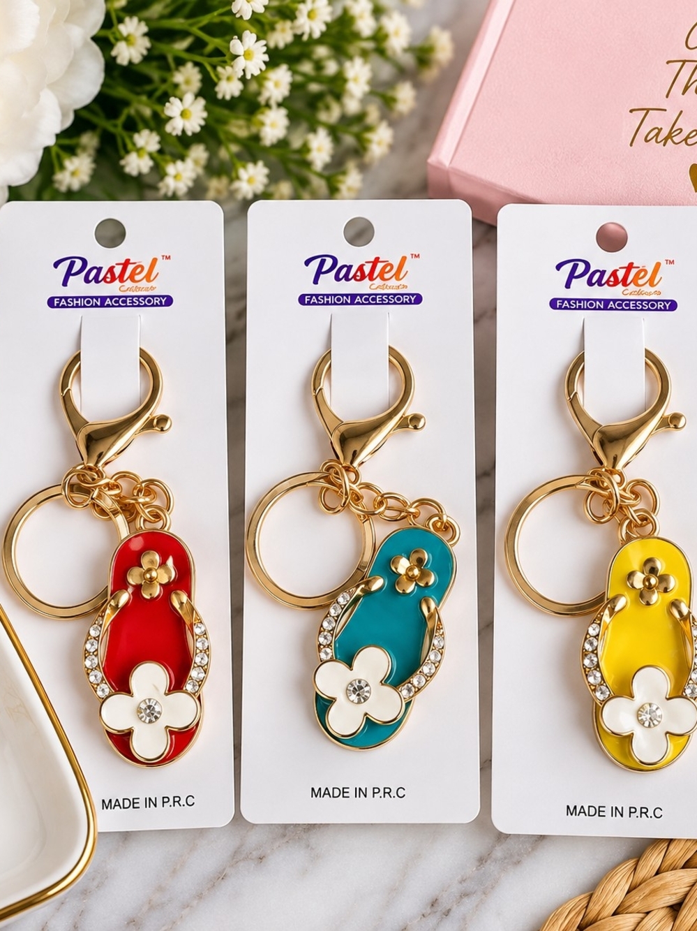 Pastels Gold-Tone Keychain Trio with Red, Turquoise, and Yellow Flip Flop Charms